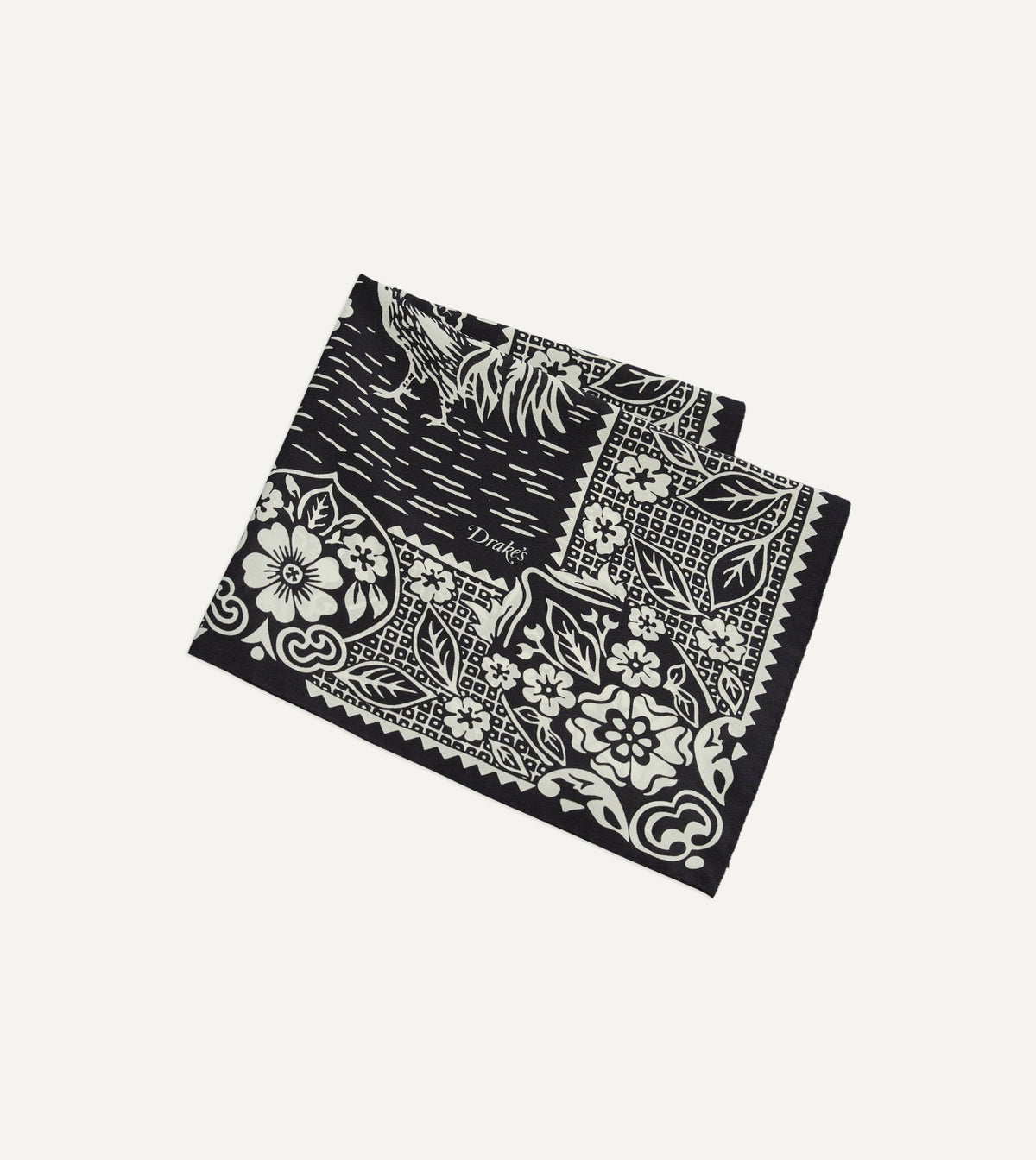 Drake's Navy Cockerel Print Silk Pocket Square