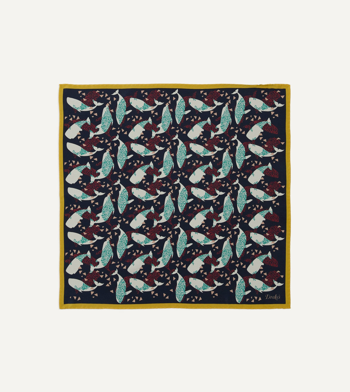 Drake's Navy Whale Print Silk Pocket Square