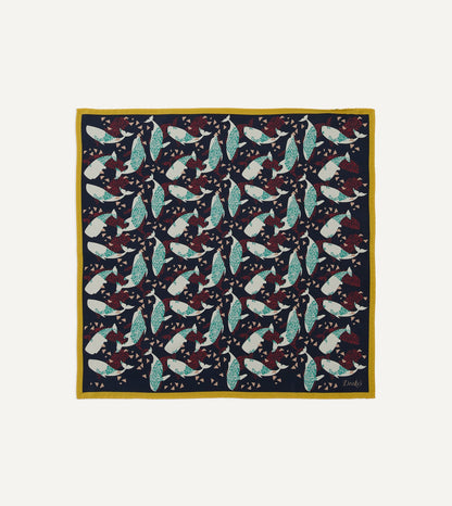 Drake's Navy Whale Print Silk Pocket Square