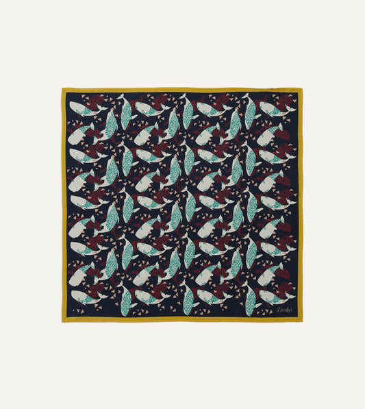 Drake's Navy Whale Print Silk Pocket Square