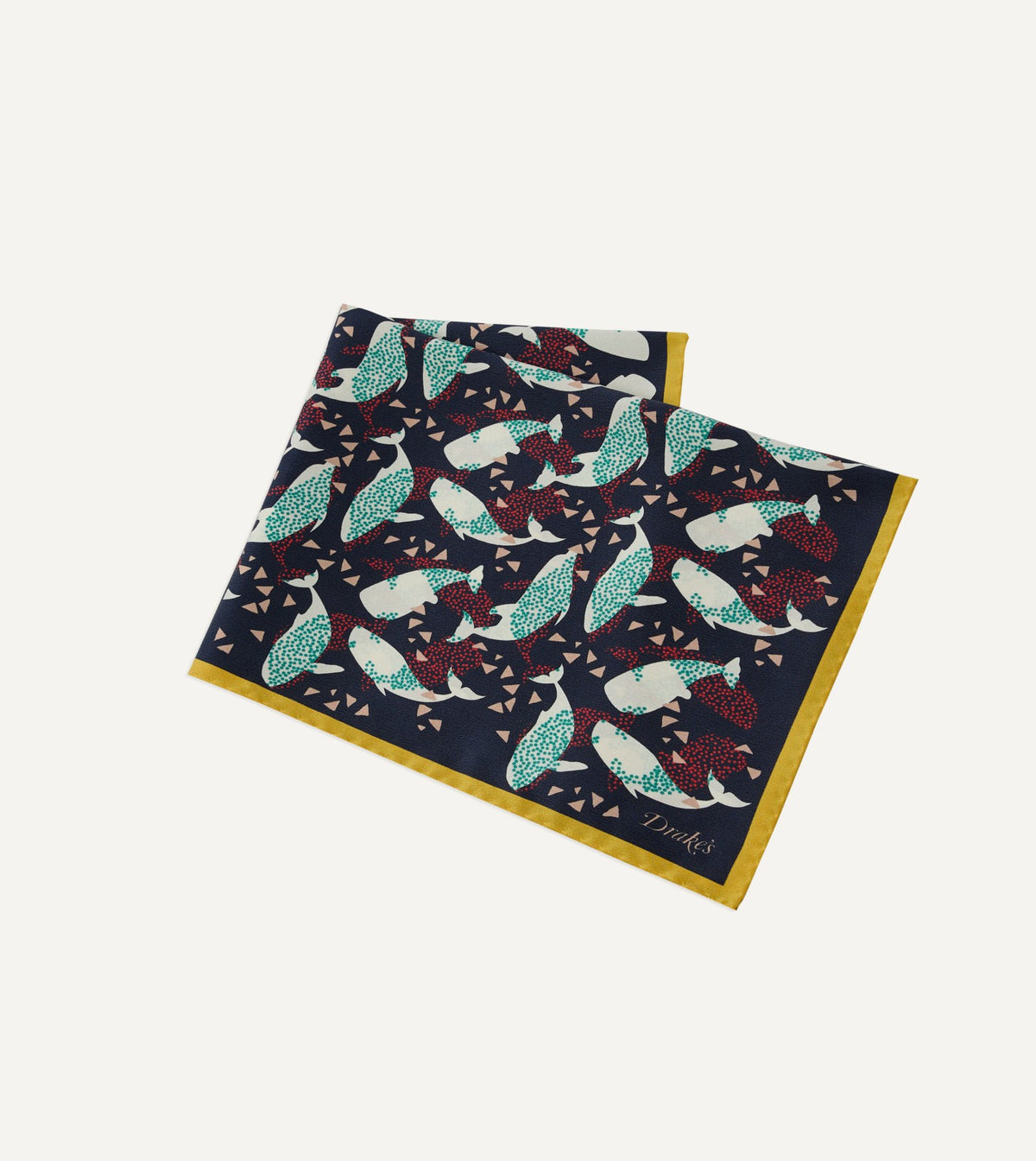 Drake's Navy Whale Print Silk Pocket Square