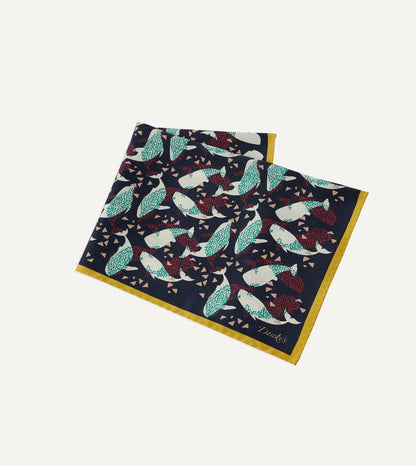 Drake's Navy Whale Print Silk Pocket Square