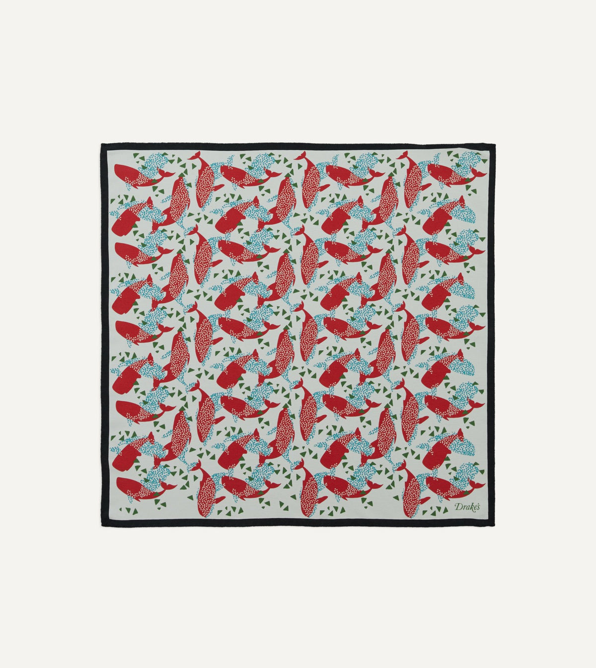 Drake's Ecru Whale Print Silk Pocket Square
