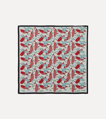 Drake's Ecru Whale Print Silk Pocket Square