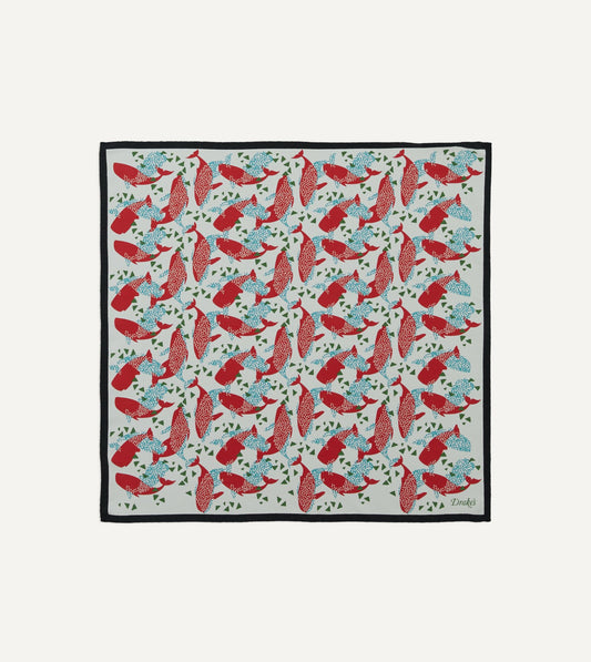 Drake's Ecru Whale Print Silk Pocket Square