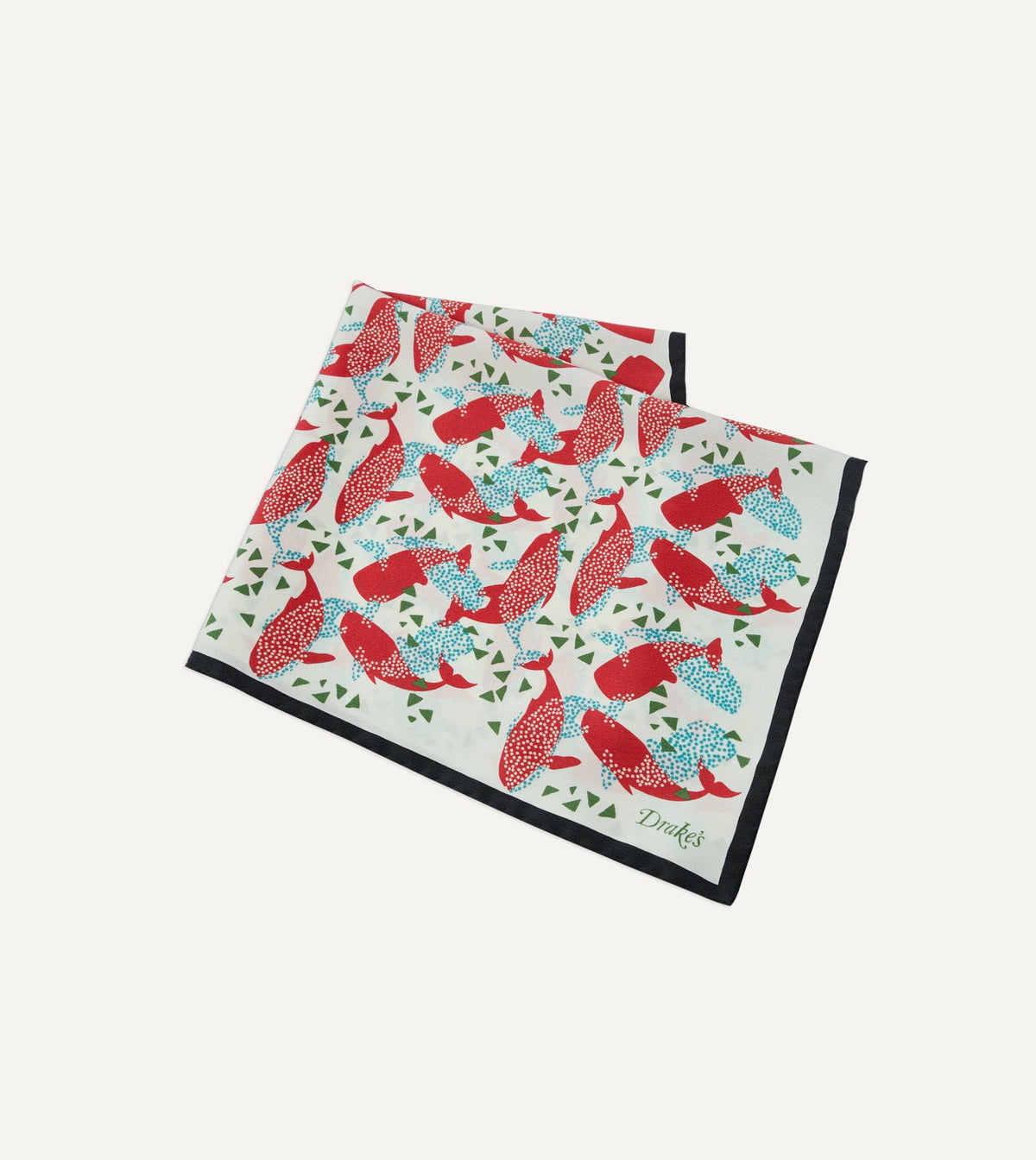 Drake's Ecru Whale Print Silk Pocket Square