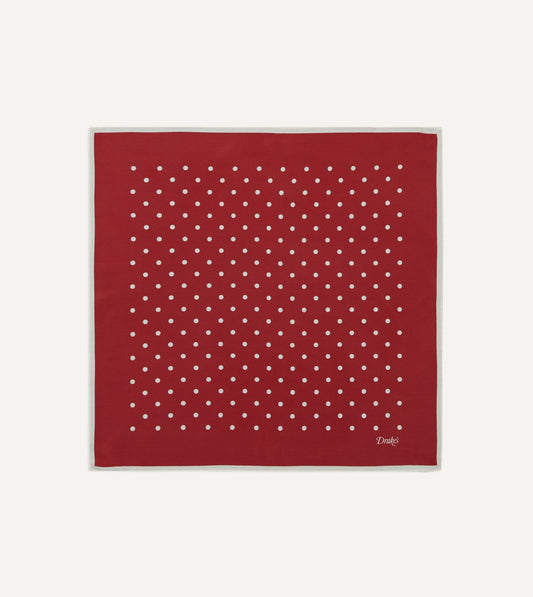 Drake's Red Polka Dot Print Silk Pocket Square