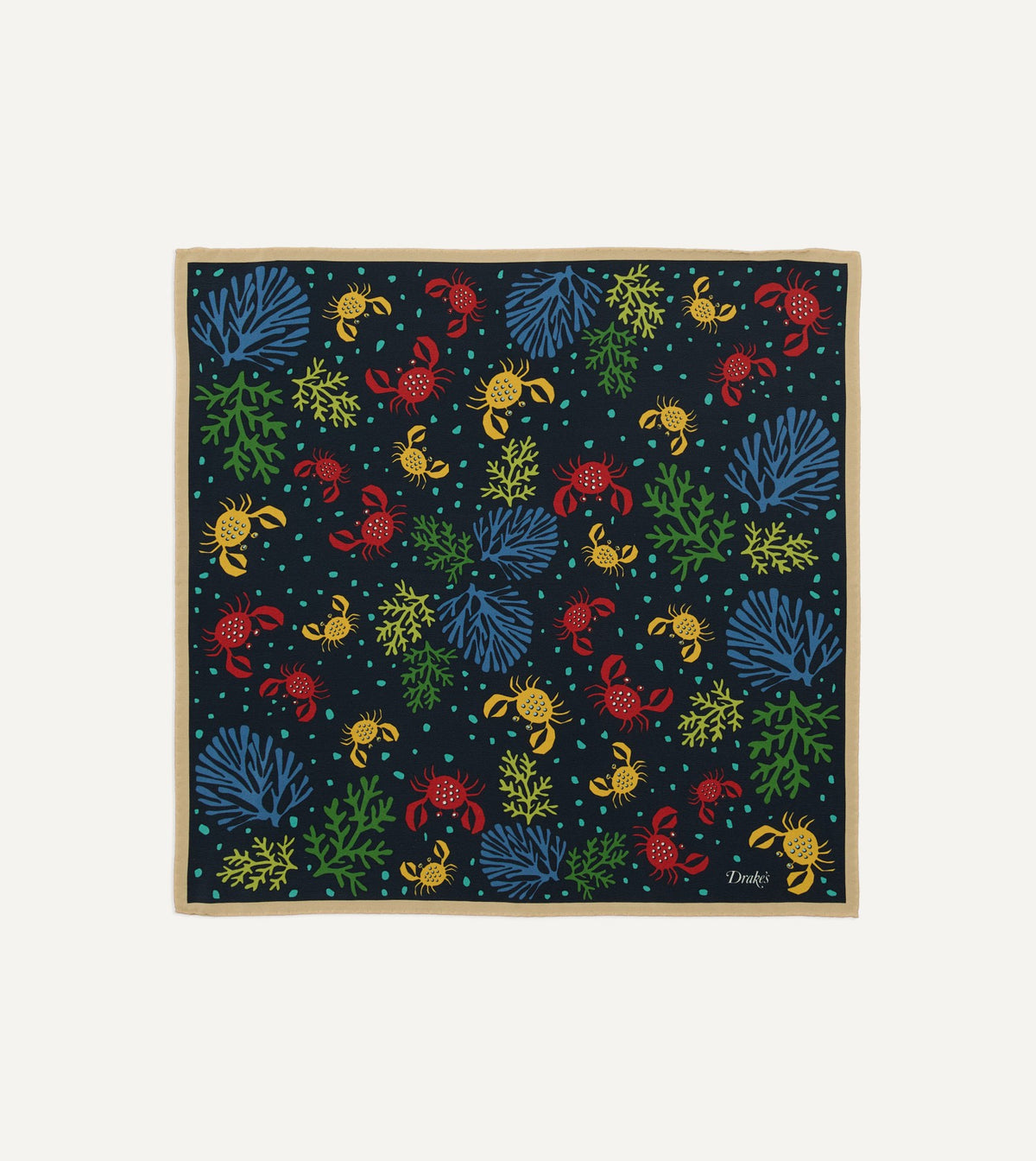 Drake's Navy Crab Print Silk Pocket Square
