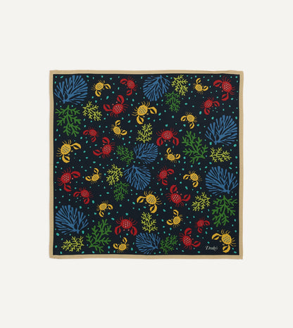 Drake's Navy Crab Print Silk Pocket Square