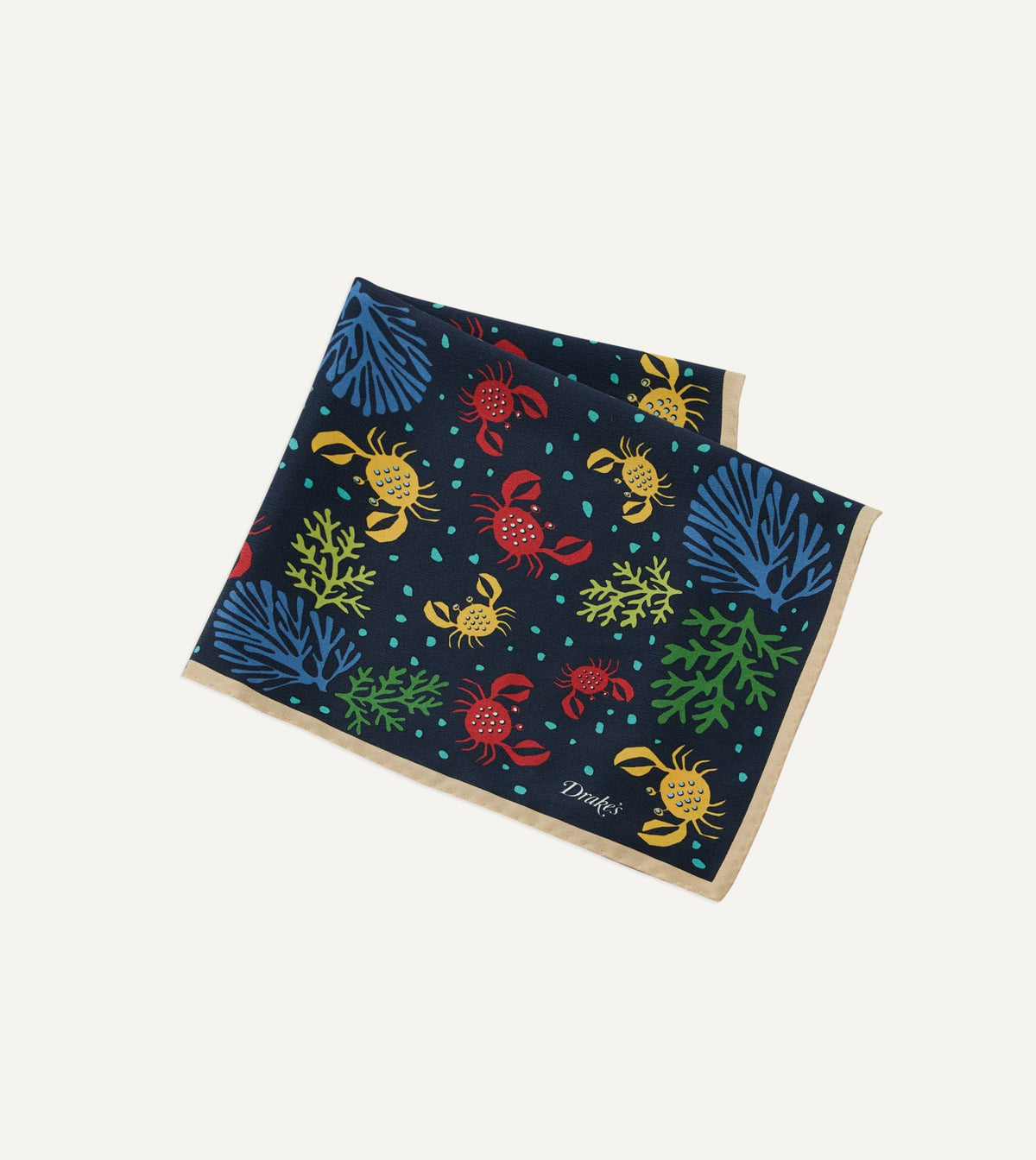 Drake's Navy Crab Print Silk Pocket Square