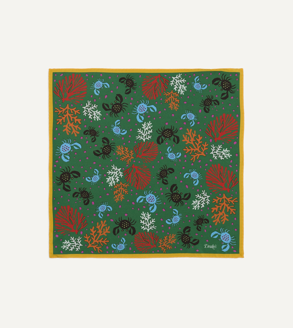 Drake's Green Crab Print Silk Pocket Square