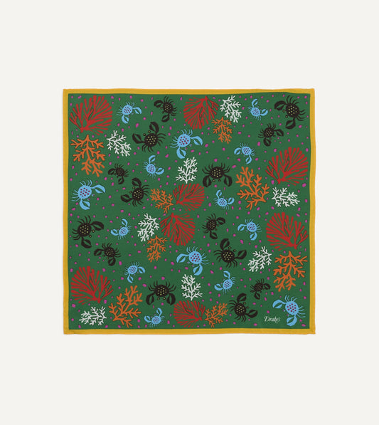 Drake's Green Crab Print Silk Pocket Square
