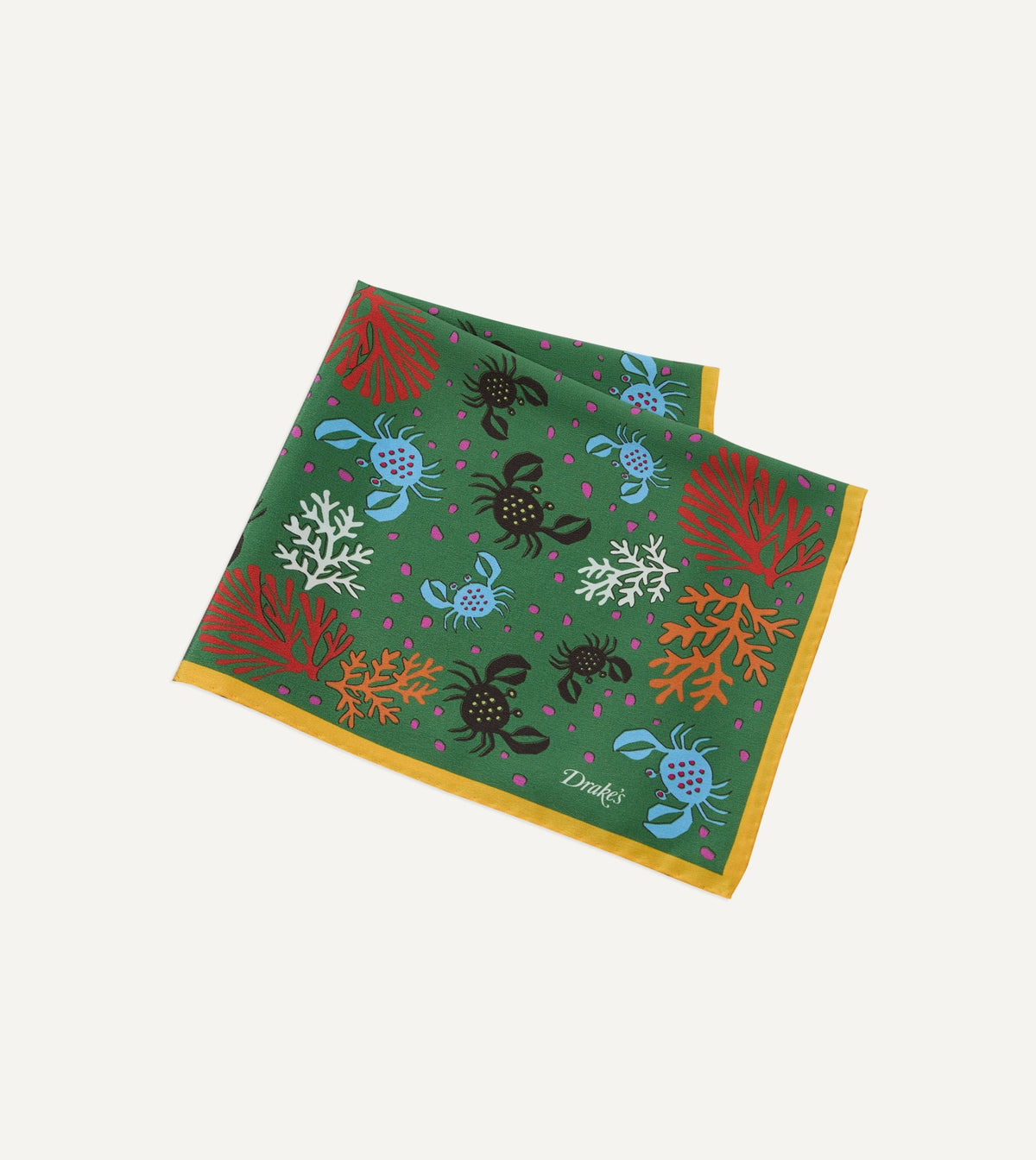 Drake's Green Crab Print Silk Pocket Square
