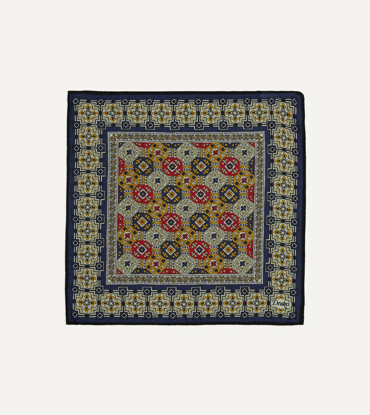 Drake's Navy Geometric Tapestry Print Wool-Silk Pocket Square