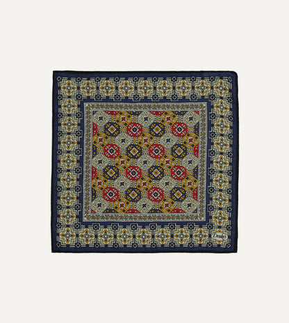 Drake's Navy Geometric Tapestry Print Wool-Silk Pocket Square
