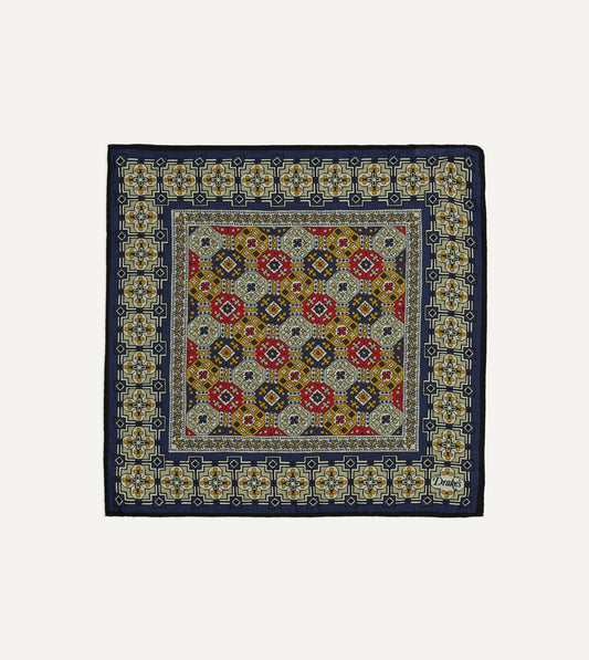 Drake's Navy Geometric Tapestry Print Wool-Silk Pocket Square