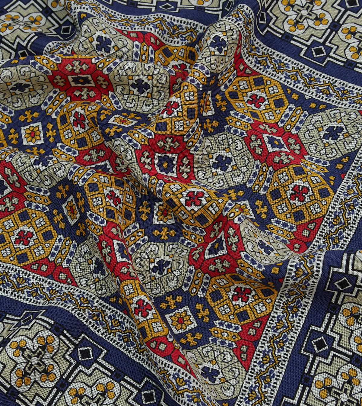 Drake's Navy Geometric Tapestry Print Wool-Silk Pocket Square