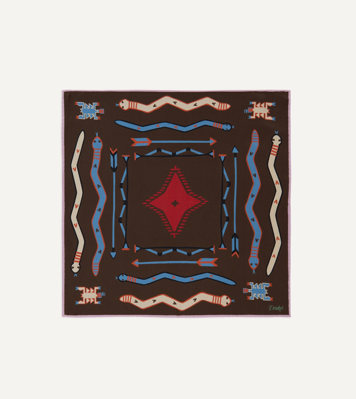 Drake's Brown and Pink Tribal Print Silk Pocket Square