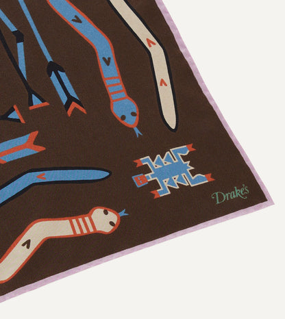 Drake's Brown and Pink Tribal Print Silk Pocket Square