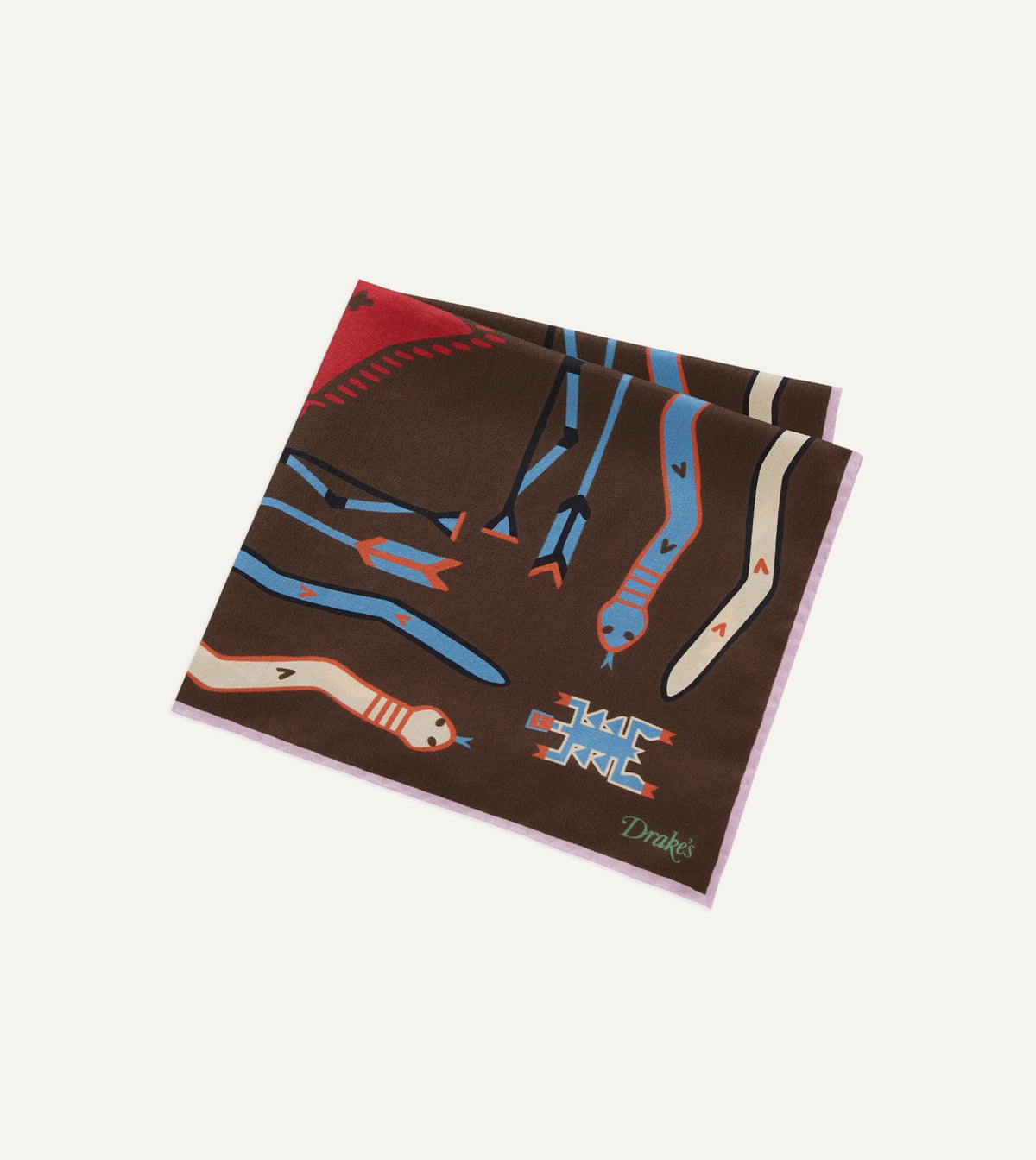 Drake's Brown and Pink Tribal Print Silk Pocket Square