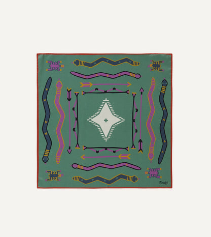Drake's Olive and Rust Tribal Print Silk Pocket Square
