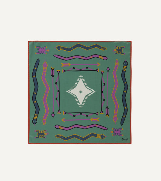 Drake's Olive and Rust Tribal Print Silk Pocket Square