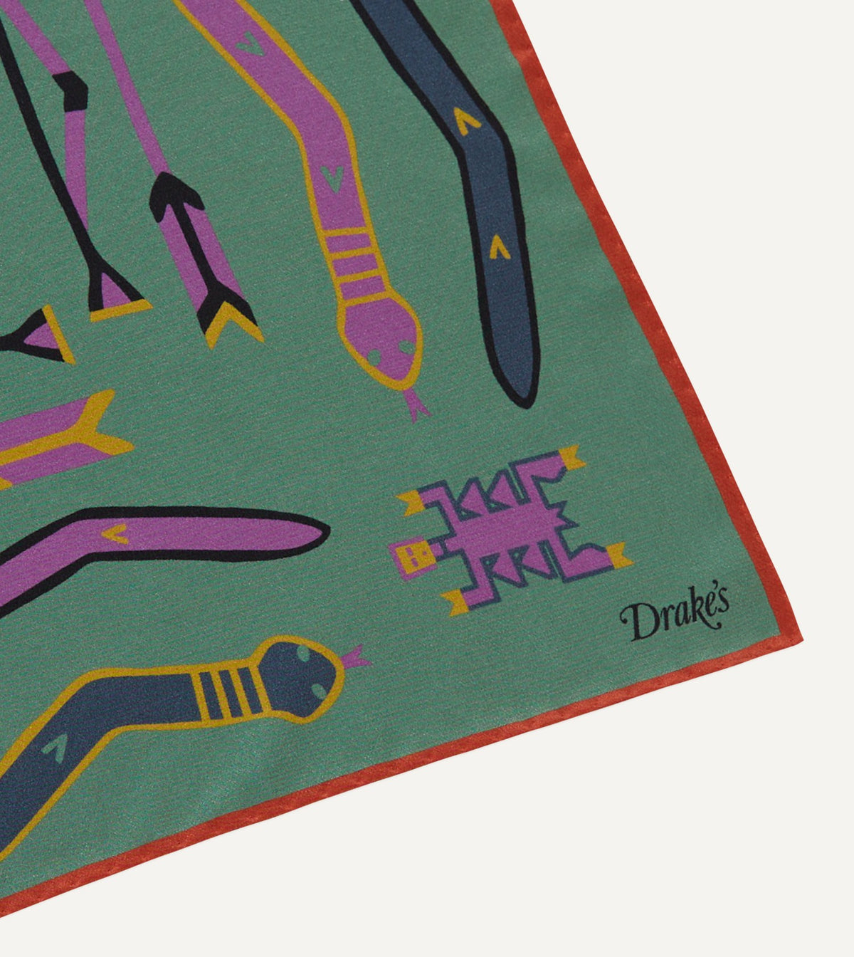 Drake's Olive and Rust Tribal Print Silk Pocket Square