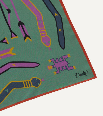 Drake's Olive and Rust Tribal Print Silk Pocket Square