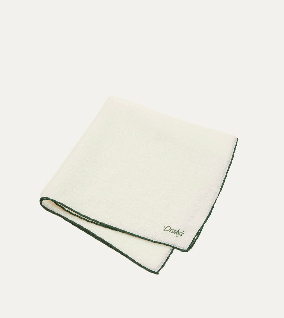 Drake's Ivory and Green Shoestring Border Silk Pocket Square