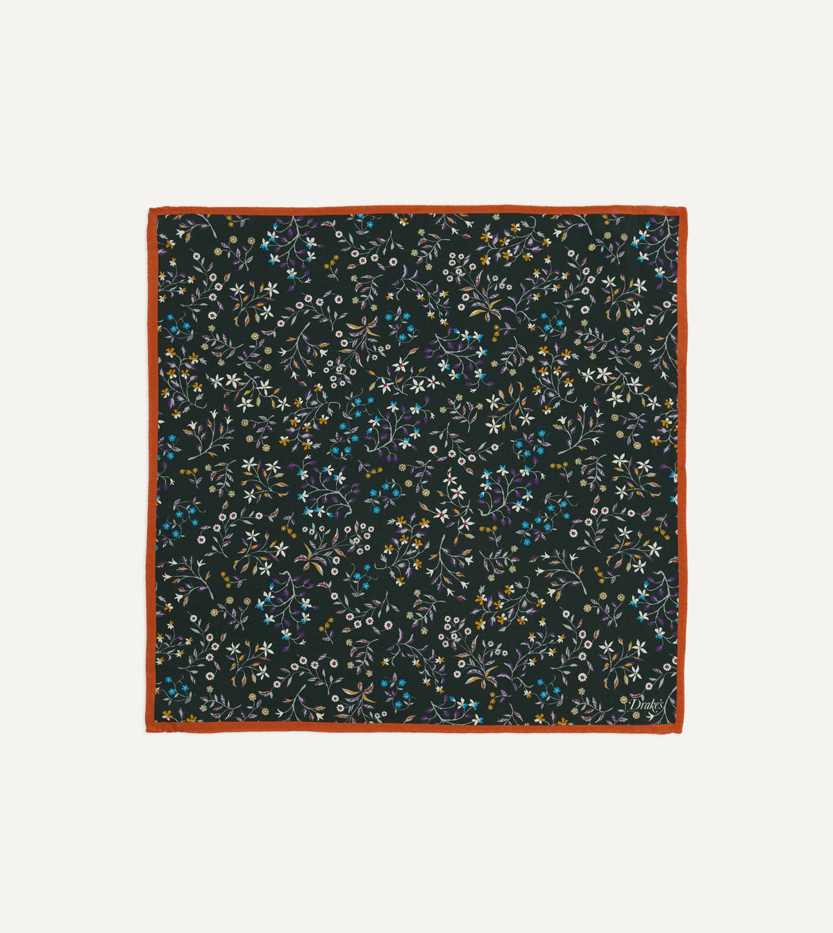 Drake's Green Floral Print Silk Pocket Square