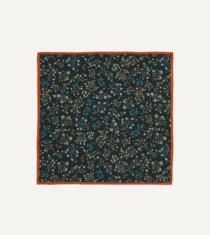 Drake's Green Floral Print Silk Pocket Square