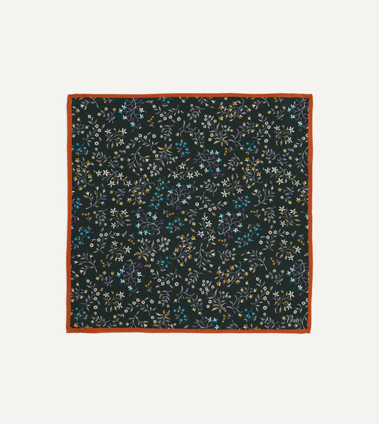 Drake's Green Floral Print Silk Pocket Square