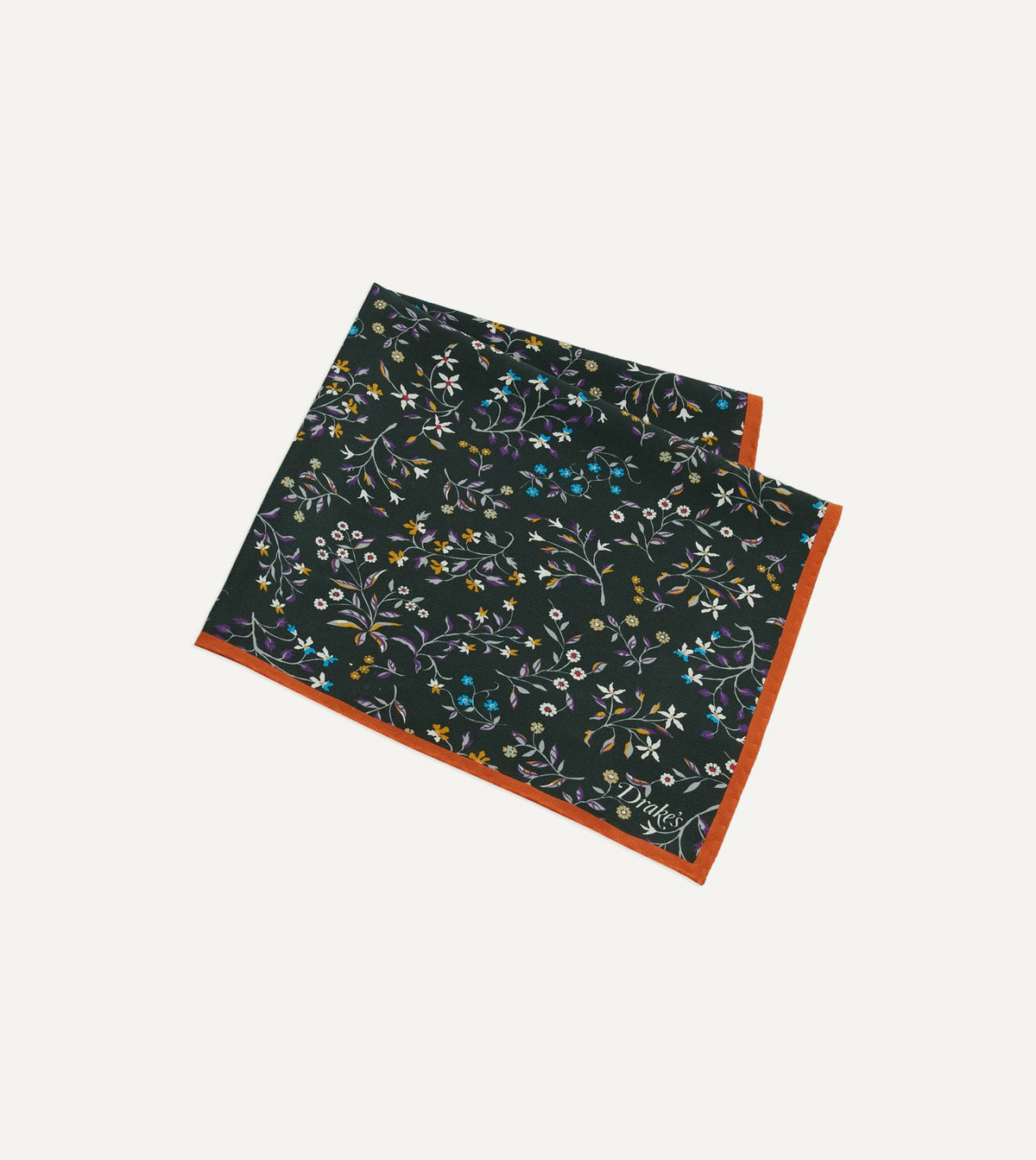 Drake's Green Floral Print Silk Pocket Square