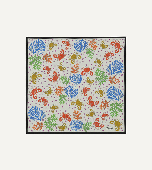 Drake's Ecru Crab Print Silk Pocket Square
