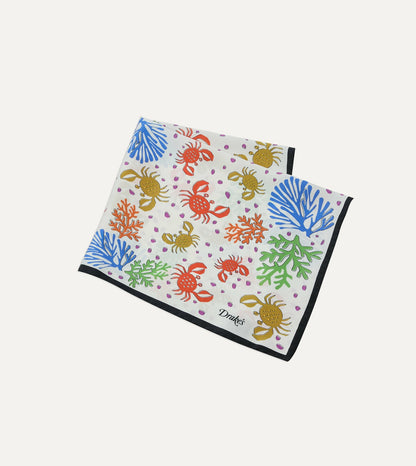 Drake's Ecru Crab Print Silk Pocket Square
