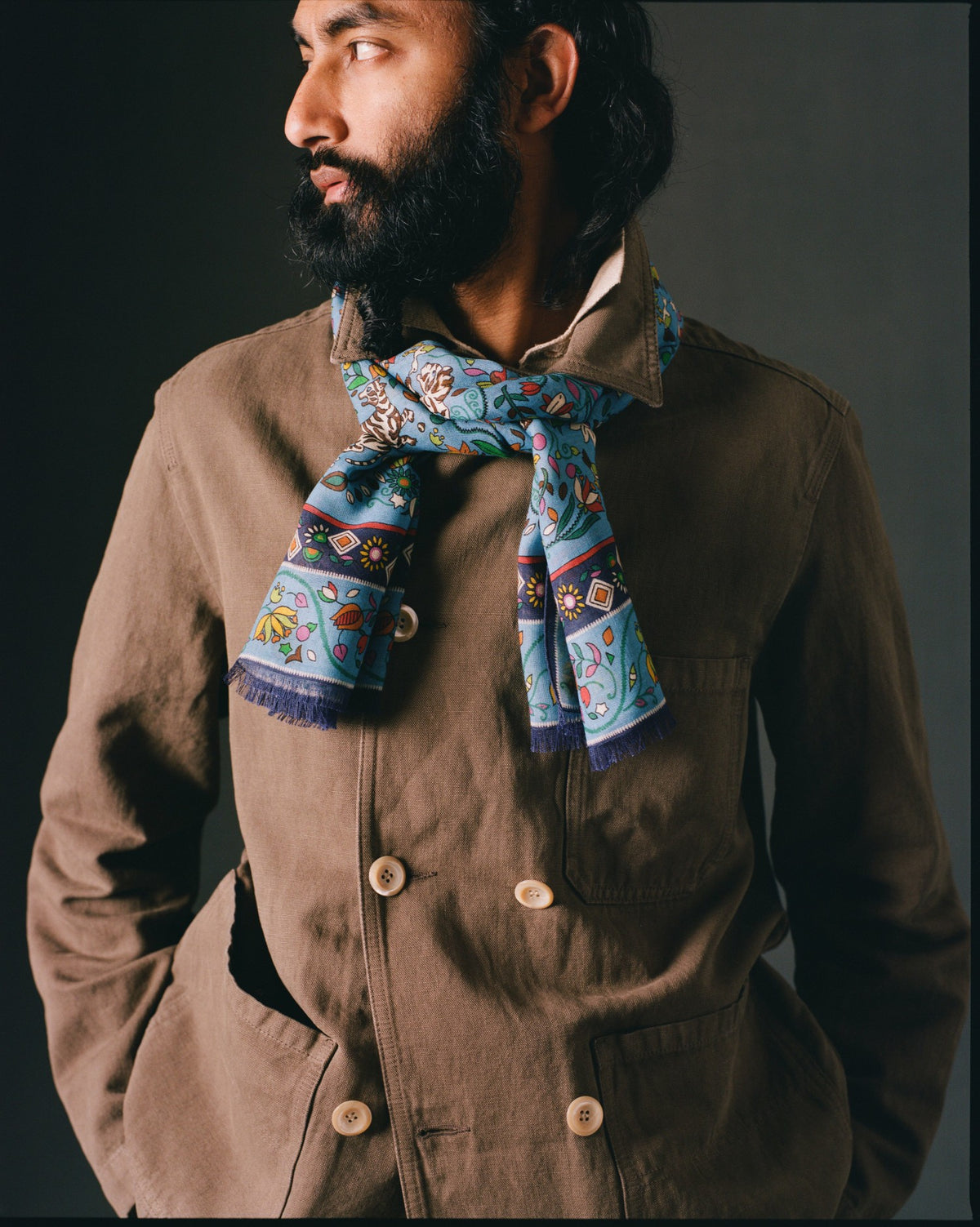 Drake's Blue Tiger Garden Print Wool Silk Scarf