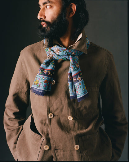 Drake's Blue Tiger Garden Print Wool Silk Scarf