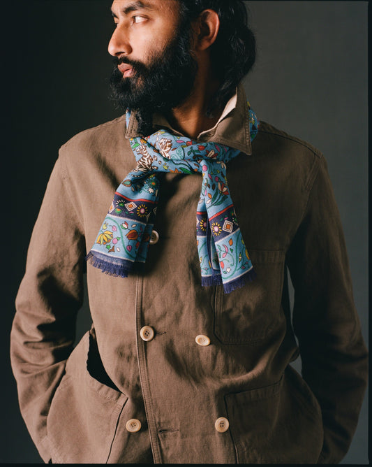 Drake's Blue Tiger Garden Print Wool Silk Scarf