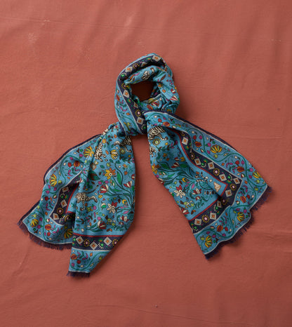 Drake's Blue Tiger Garden Print Wool Silk Scarf