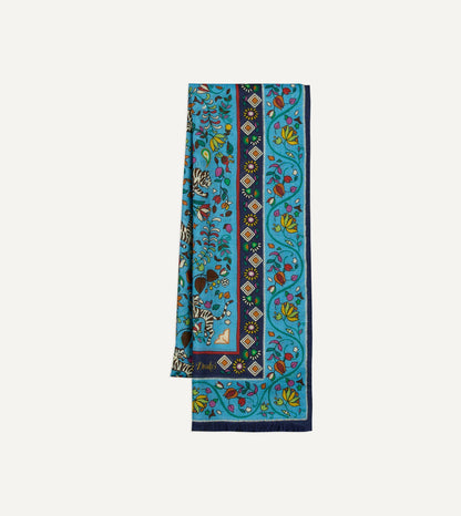 Drake's Blue Tiger Garden Print Wool Silk Scarf