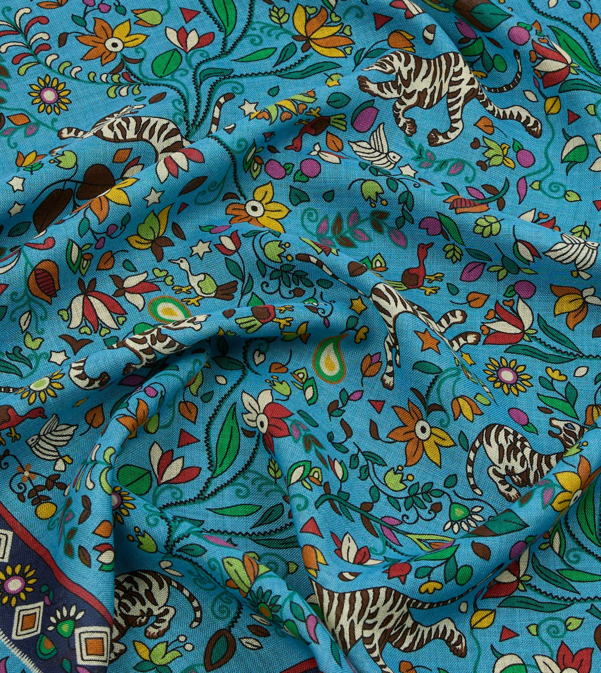 Drake's Blue Tiger Garden Print Wool Silk Scarf
