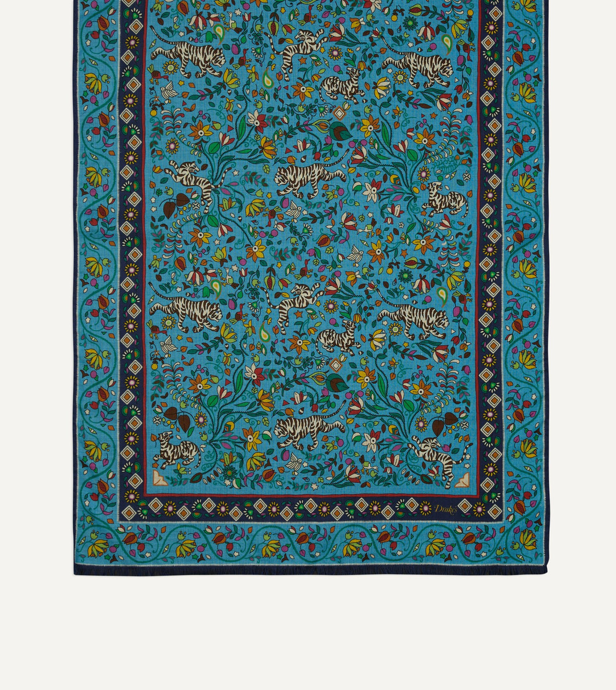 Drake's Blue Tiger Garden Print Wool Silk Scarf