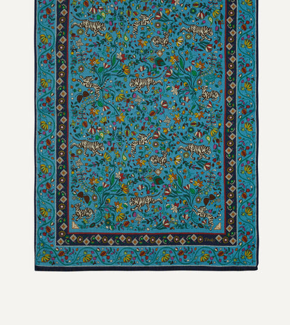 Drake's Blue Tiger Garden Print Wool Silk Scarf