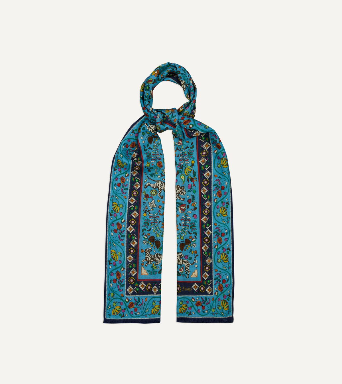 Drake's Blue Tiger Garden Print Wool Silk Scarf