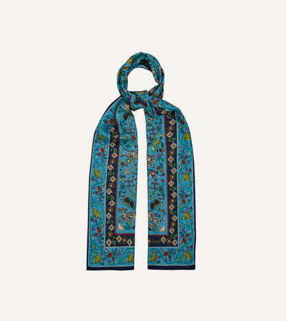 Drake's Blue Tiger Garden Print Wool Silk Scarf