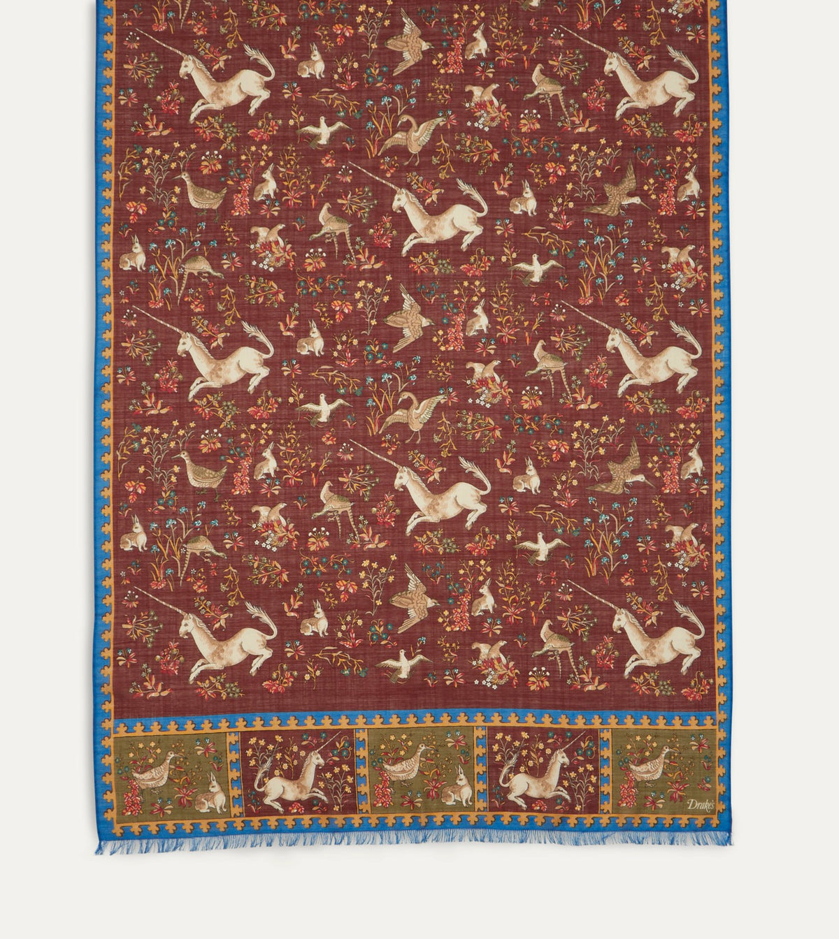 Drake's Burgundy Unicorn Print Wool-Silk Scarf