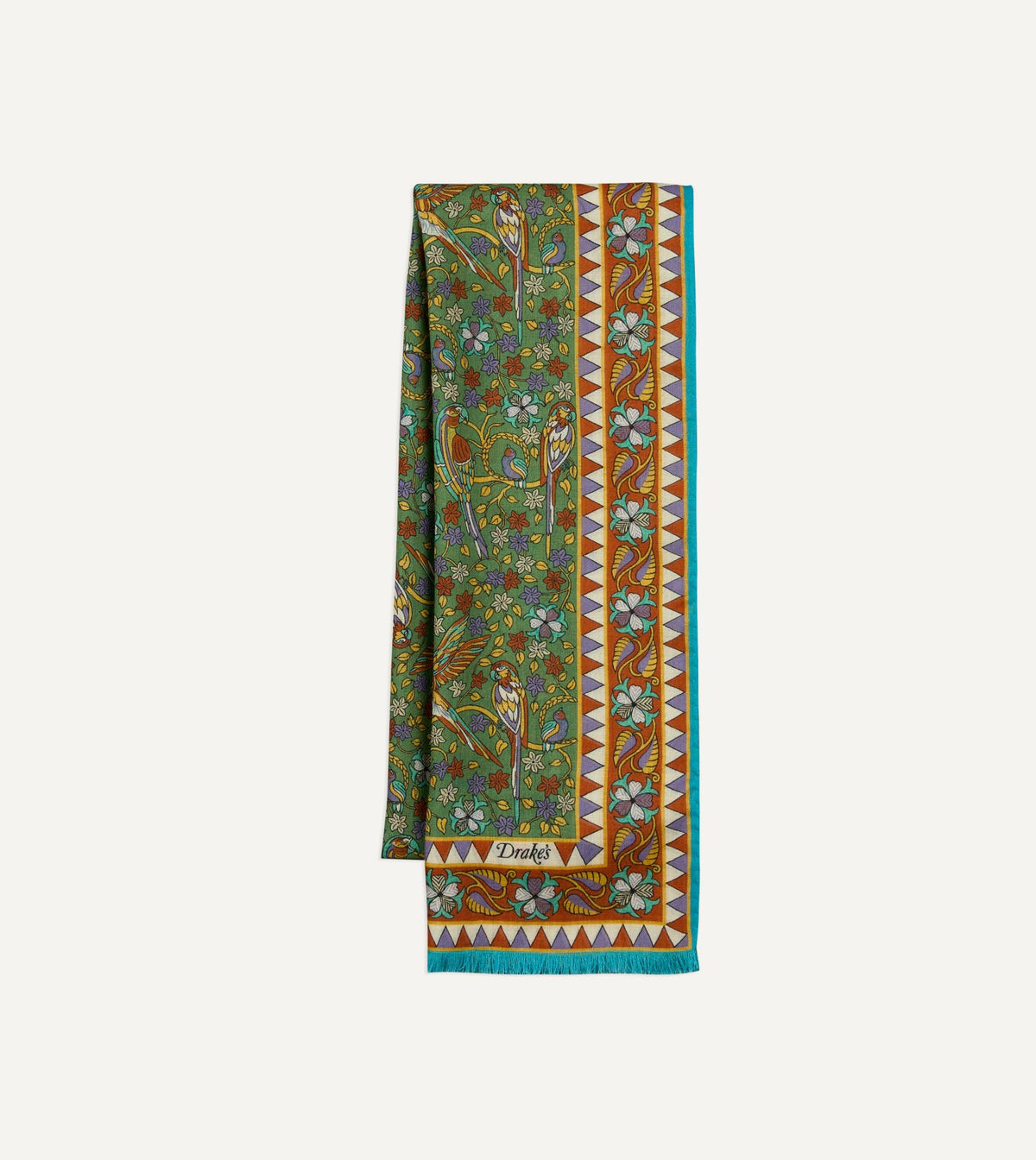 Drake's Green Birds and Flowers Print Wool-Silk Scarf