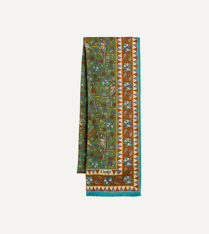 Drake's Green Birds and Flowers Print Wool-Silk Scarf