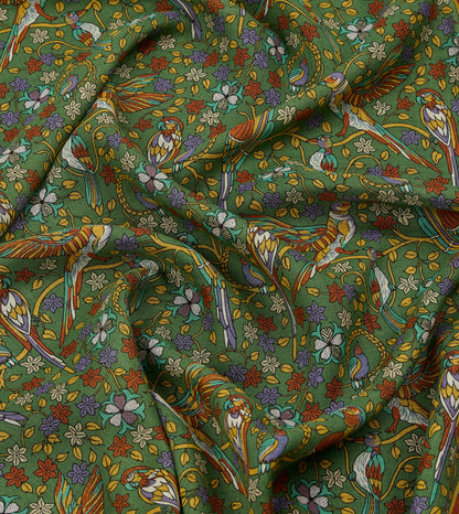 Drake's Green Birds and Flowers Print Wool-Silk Scarf