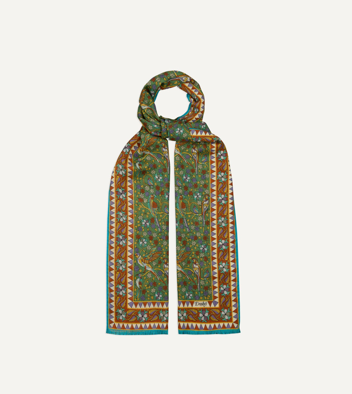 Drake's Green Birds and Flowers Print Wool-Silk Scarf